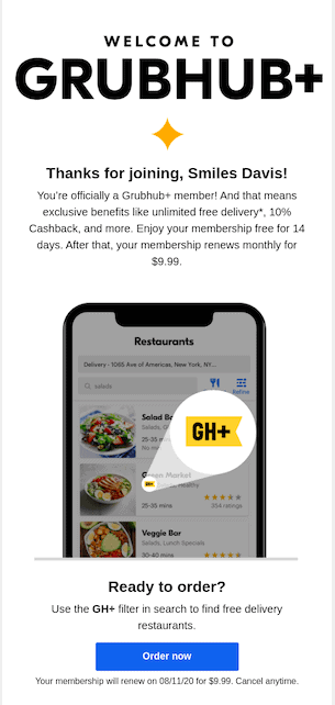 Grubhub welcome email